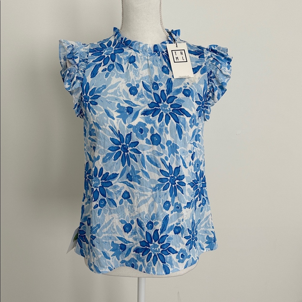 New Blue Floral Ruffle Blouse Top Women’s Small, Tags Attached